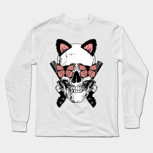 Bad Girl Skull With Guns And Butterflies Long Sleeve T-Shirt